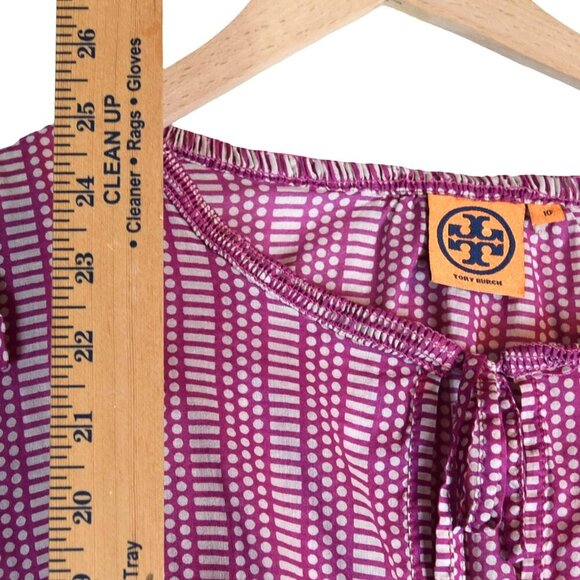 Tory Burch Pink Geometric Peplum Top Size 10 Boho Puff Sleeve 100% Cotton Design - Picture 6 of 8